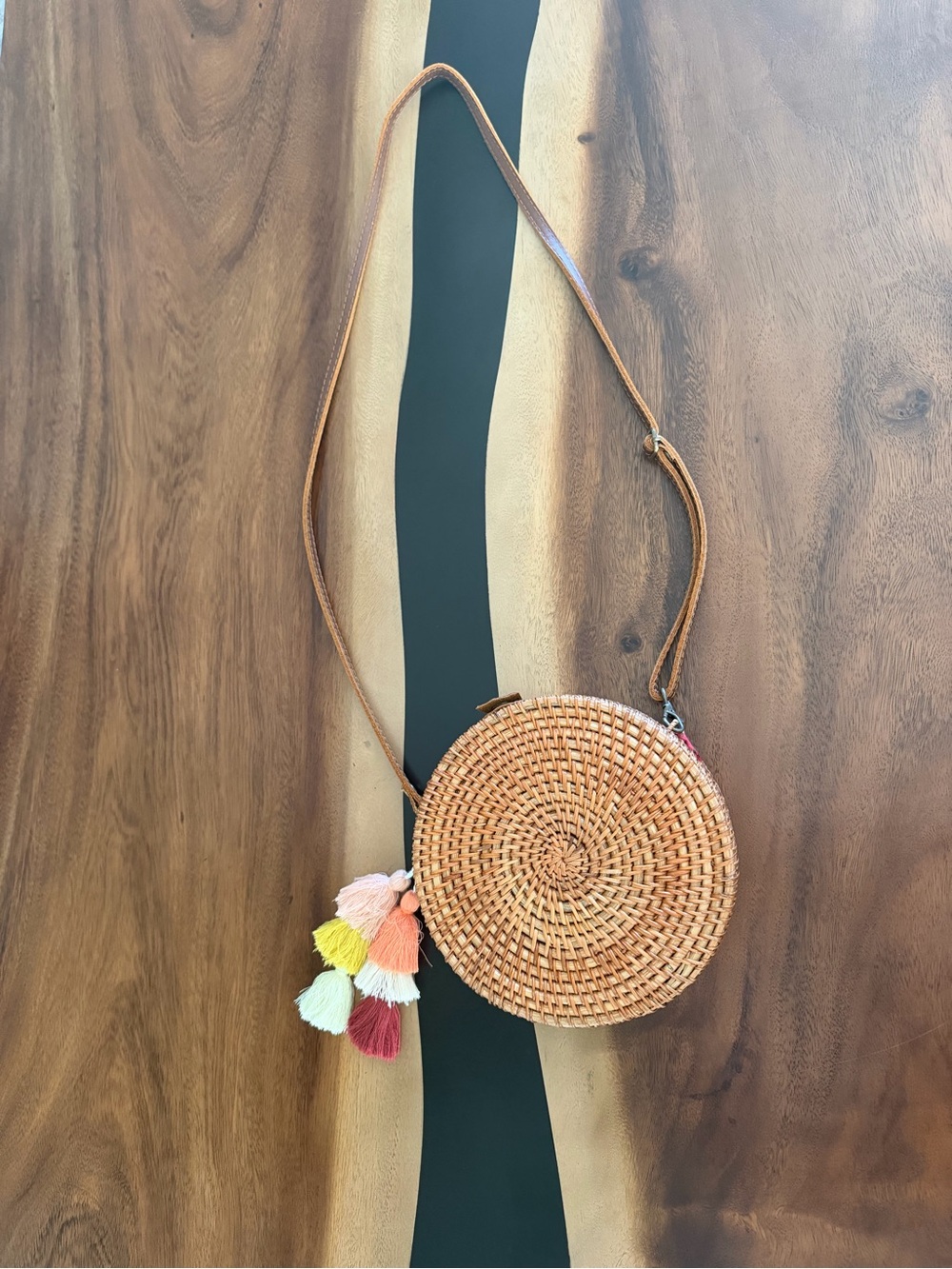 Round Rattan Crossbody Bag with Colorful Tassels